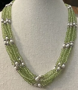 Sterling Silver Multi Strand Peridot Pearl Necklace Toggle Clasp Toggle 18” - Picture 1 of 6