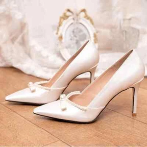 Fashion Women Wedding Shoes Satin Bow Pearl High Heels Stilettos Bridal Pumps - Picture 1 of 14