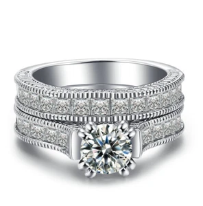 R092 Joyería de mujer 18K Oro blanco GP Compromiso Boda Anillo de banda nupcial Set - Imagen 1 de 4