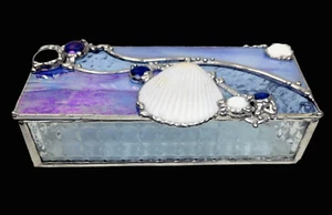 Stained Glass Jewelry Box Seashells Faux Gems Iridescent Textured Blue 7.5" - Picture 1 of 18