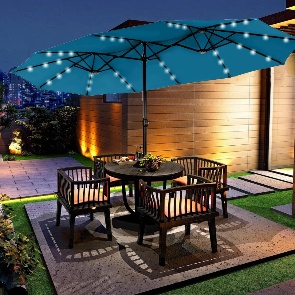 PHI VILLA 15ft Patio Large Umbrella Double Side Outdoor Market Umbrella w/ LED Solar Light