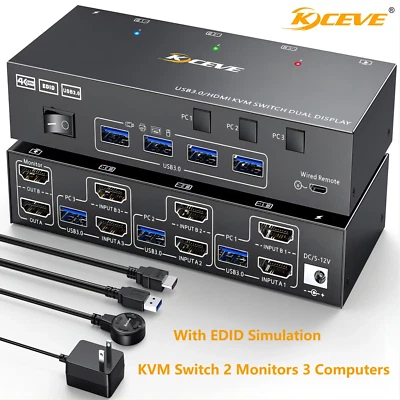 Dual Monitor KVM Switch USB 3.0 HDMI KVM Switch 2 Monitors 3 Computers, EDID Emu - Image 1 of 4