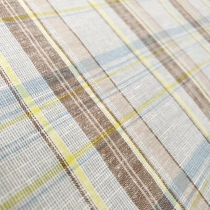 Cotton Linen Tartan Plaid Fabric Brown Blue Yellow Summer Shirting 58" BTY - Picture 1 of 9