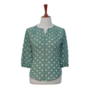 Womens Silky Blouse Polka Dot Green White 3/4 Sleeve V-Neck Casual Top Large - Picture 1 of 6
