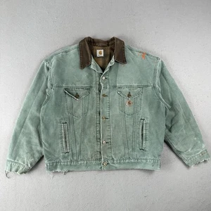 Vtg 90s Carhartt Trucker Jacket XL Aspen Green Blanket Lined Distressed JB0694 - Picture 1 of 24