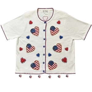 JACK B QUICK Vtg 4th of July Knit Sweater Size XL White USA Flat Hearts Beaded - Picture 1 of 14