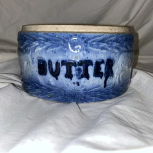 HEAVY  BLUE & WHITE COW PATTERN BUTTER CROCK No Lid Vintage - Picture 1 of 8