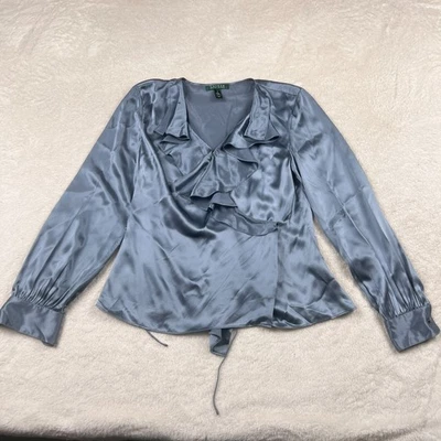 Blusa Top Lauren Ralph Lauren Mujer Talla 8 Gris 100% Seda Satén Brillante Cascada Foto 1 de 4