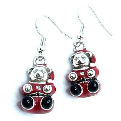 Brighton Christmas Teddy Bears Red Santa Suit Holiday Custom Silver Earrings - Image 1 of 4
