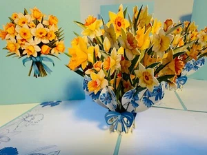 ORIGAMI POP CARDS Daffodil Bloom Flower Bouquet Happy Birthday 3D Pop Up Card - Picture 1 of 11