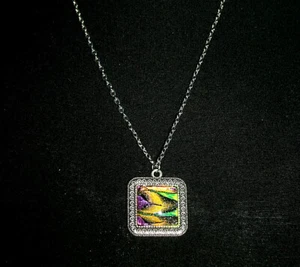 Fashion Necklace Silvertoned Square Pendant Purple Yellow Resin Center Filigree - Picture 1 of 8
