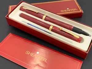 Set of 2 Sheaffer No Nonsense Red Marble GT Ballpoint/Fountain Pen M Nib USA - Picture 1 of 11