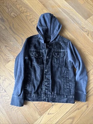 Jaqueta jeans preta desgastada anel de fogo - Moletom e mangas cinza - Meninos tamanho M - Imagem 1 de 4