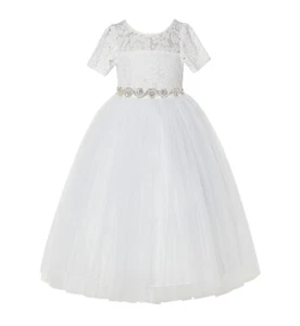 Floral Lace Flower Girl Dress Communion Dress Rhinestone Vintage Lace Dresses - Picture 1 of 21