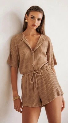 SABO Juniper Playsuit Biscotti Ribbed Button Front Romper XS Neutral Lounge O - Image 1 of 4