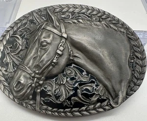 VTG 1990 C&J INC. VTG Buckle Black Enamel & Silver Horse Head 1457 Made U.S.A. - Picture 1 of 6