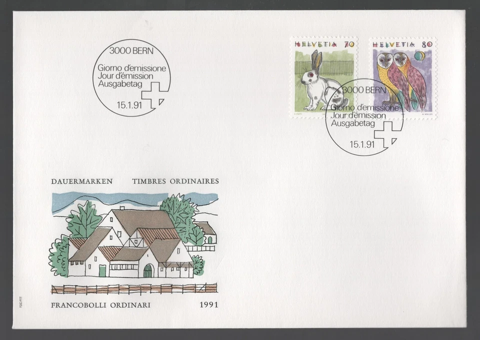 Suiza Rabbit Owl Definitives 1991 FDC. Cubierta de primer día Berna. Animales aves Foto 1 de 1