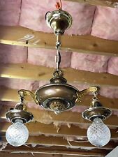 RESTORED Antique Vtg Arts Crafts Deco Victorian Brass Pan Chandelier Light 2Bulb