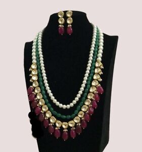 Indian Wedding Traditional Gold Plated Kundan Pearl Bollywood Long Necklace Set 
