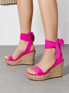 Womens Open Toe Espadrilles Wedges Tie Lace Up Cute Ankle Strap Platform Sandal - Picture 1 of 23