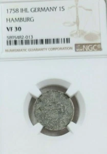 1758 GERMANY SILVER 1 SCHILLING HAMBURG NGC VF 30 VERY SCARCE COIN - Picture 1 of 5