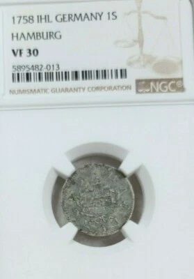 1758 GERMANY SILVER 1 SCHILLING HAMBURG NGC VF 30 VERY SCARCE COIN - Image 1 of 4