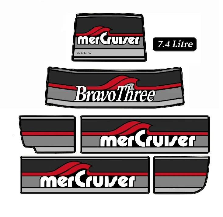 NUEVO 1986-1998 MERCURY MERCRUISER BRAVO THREE JUEGO DE CALCOMANÍAS ADHESIVAS 7,4 LITROS Foto 1 de 1