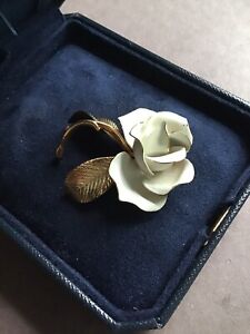 Vintage White Enamel Rose Flower Pin Brooch Signed Cerrito