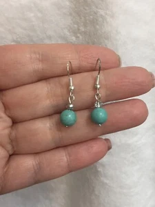 Real Turquoise Stone And Crystal Beads Silver Round Dangle Earrings. - Picture 1 of 5