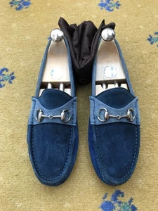 Gucci Loafers Suede Shoes Drivers Silver Horsebit Blue Mens US 7 UK 6.5 EU 40.5 - Picture 1 of 13