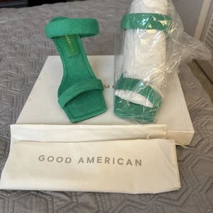 Good American Shoes Women US 5 High Heels Stilettos Green Terry Cloth Spain NIB - Picture 1 of 7