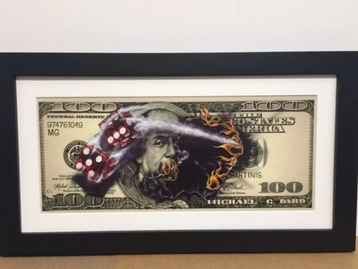 Michael Godard "billete de $100 con dados" quemando cien dólares fuego casino arte Foto 1 de 4