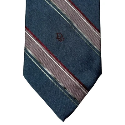Vintage Christian Dior Tie Mens Green Striped Made USA Woven in Italy Monogram - Image 1 of 4