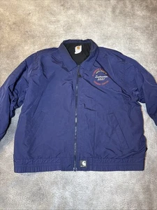 VINTAGE 90s Carhartt Blue Collared Waterproof Fleece Lined Coat Jacket Zip-Up - Picture 1 of 4