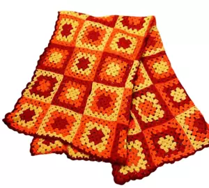 Handmade Orange Granny Square Lap Knit Crochet Afghan Throw Blanket 60"x46" - Picture 1 of 3