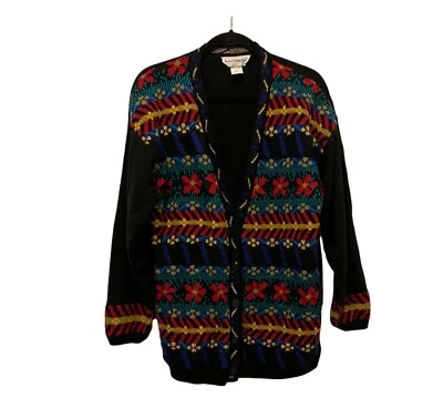 Cárdigan Suéter Norton McNaughton Floral Bordado Botón Negro Mujer Talla M Foto 1 de 4