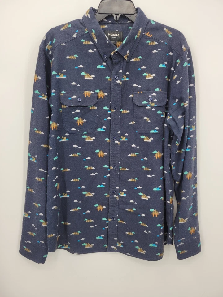 Camisa masculina Nixon grande azul árvores da montanha estampa manga longa botão para cima - Imagem 1 de 4
