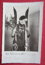 Orig. Foto-Postkarte Glückwunsch Neujahr Skifahren Schifahrerin Mode Ski 1935