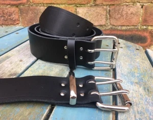 Black Leather Double Prong Belt 1 1/2" or 2" Wide Handmade 100% Real Leather - Picture 1 of 4