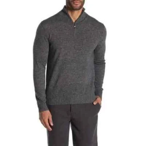 Qi Cashmere Mens Sz M Sweater Pullover 1/4 Front Zip Heather Gray - Picture 1 of 12