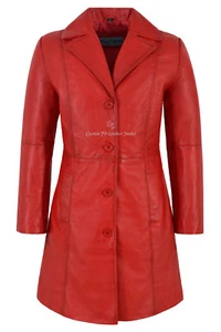 TRENCH Ladies Leather Jacket Red Classic Knee-Length Designer Lambskin Coat 3457 - Picture 1 of 9