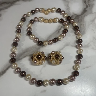 Conjunto de collar de pendientes con clip de perlas sintéticas tono dorado Erwin GAR2-7 Foto 1 de 4