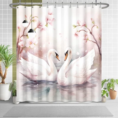 Love Swan Cortina de Ducha para Baño Rosa Flores Árboles Bañera Habitación Partición  Foto 1 de 4