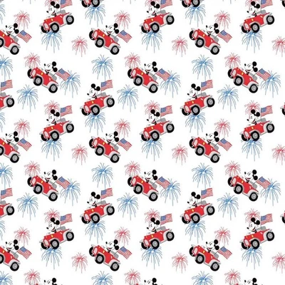 Springs Creative Patriotic Mickey Driving Car on White By the Yard - Image 1 of 3