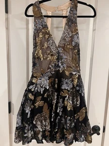Bebe Dress blue & sheer sequin, party v-neck with chiffon and full skirt Size 10 - Imagen 1 de 7