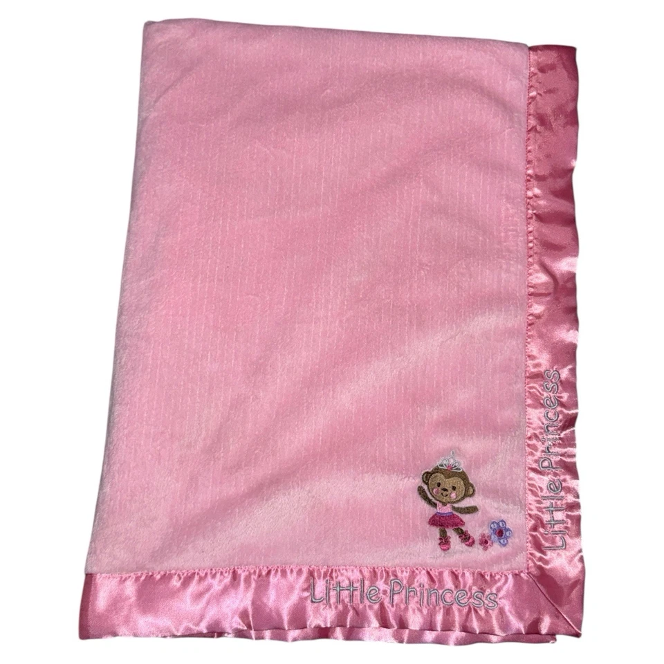 Child Of Mine Carters Pink Little Princess Monkey Baby Blanket Satin Trim 40x30 - Image 1 of 4