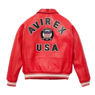 Men's Avirex USA Edition Red Icon Varsity Real Cowhide Leather Fashion Jacket - Image 1 of 4