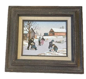 C Carson Oil Painting On Canvas 10x8 Signed Folk Art Amish Ice Skating Snow - Picture 1 of 20