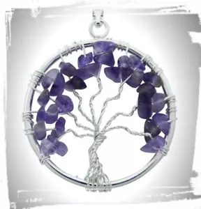 New Large Natural Amethyst Chip Wire Wrapped Silver Tree Off Life Pendant - Picture 1 of 1