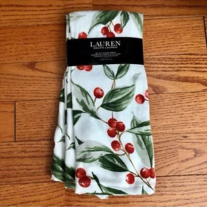 Ralph Lauren set of Two Kitchen Towels White Red Cherry Print 100% Cotton NWT - Picture 1 of 7